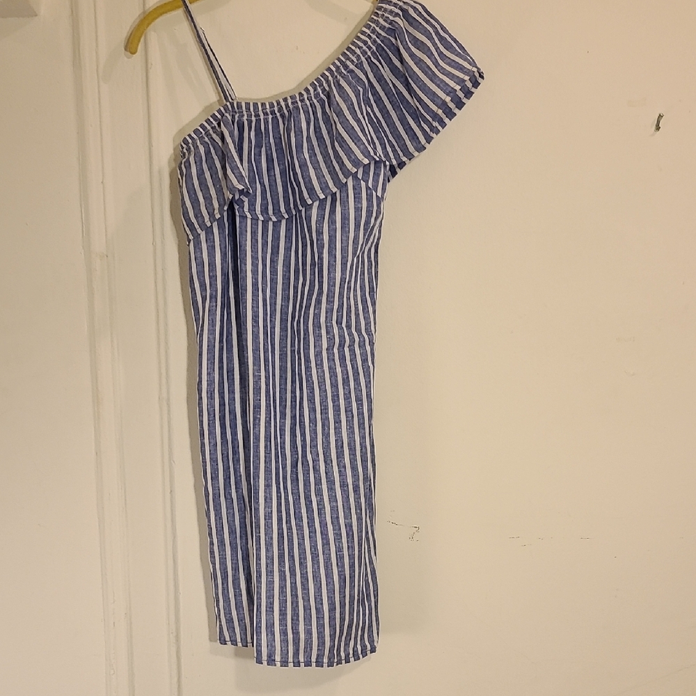 beachlunchlounge One Shoulder Blue and White Dress